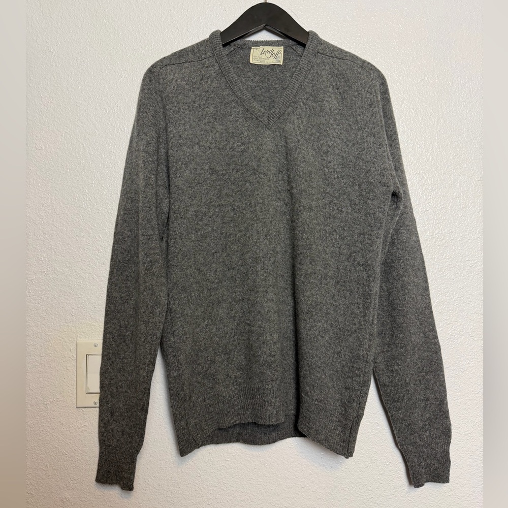 Vintage Lord Jeff Charcoal Men’s V-Neck Sweater Pure Virgin Lambswool Small